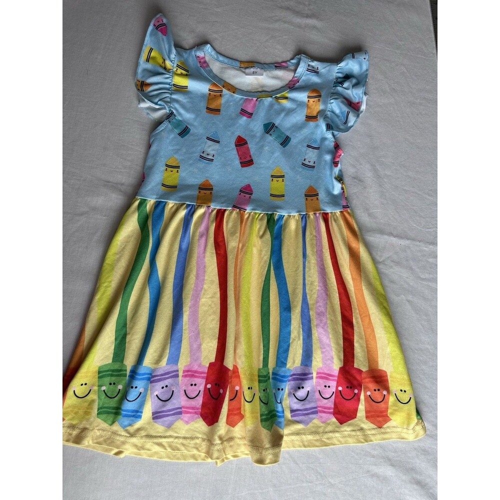 Girls Crayon Print A-Line Dress Size Knee Length Ruffle Sleeve 1st Day of School